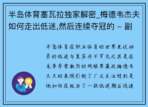 半岛体育塞瓦拉独家解密_梅德韦杰夫如何走出低迷,然后连续夺冠的 - 副本
