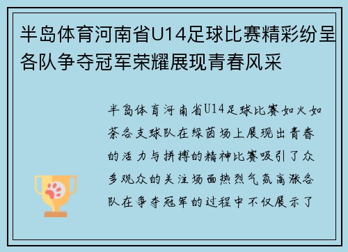 半岛体育河南省U14足球比赛精彩纷呈各队争夺冠军荣耀展现青春风采
