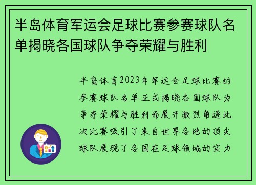 半岛体育军运会足球比赛参赛球队名单揭晓各国球队争夺荣耀与胜利