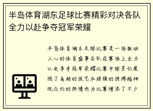 半岛体育湖东足球比赛精彩对决各队全力以赴争夺冠军荣耀