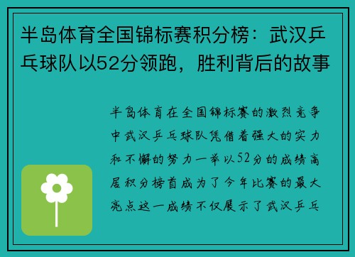 半岛体育全国锦标赛积分榜：武汉乒乓球队以52分领跑，胜利背后的故事