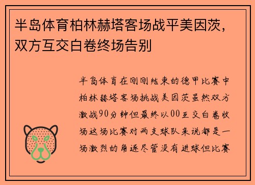 半岛体育柏林赫塔客场战平美因茨，双方互交白卷终场告别