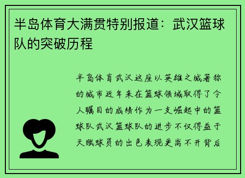 半岛体育大满贯特别报道：武汉篮球队的突破历程