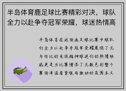半岛体育鹿足球比赛精彩对决，球队全力以赴争夺冠军荣耀，球迷热情高涨助威加油