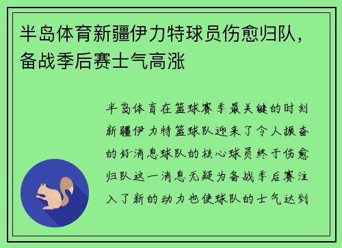 半岛体育新疆伊力特球员伤愈归队，备战季后赛士气高涨
