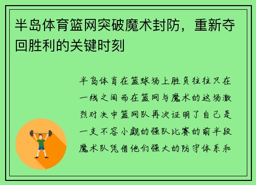 半岛体育篮网突破魔术封防，重新夺回胜利的关键时刻
